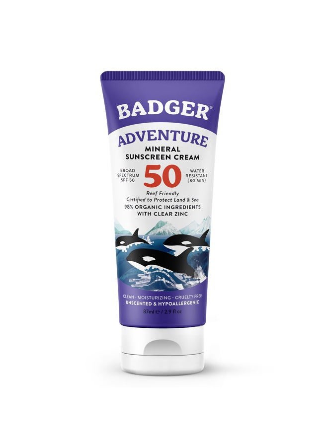 Badger واقي شمس معدني SPF 50 واقي شمس أكسيد الزنك مع 98% مكونات عضوية، آمن للشعاب المرجانية، طيف واسع، مضاد للحساسية، مقاوم للماء، بدون رائحة، رياضة مغامرة 2.9 أونصة سائلة - Image 1